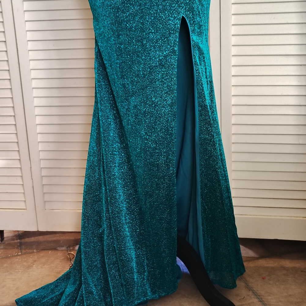 Stunning Teal Glitter Prom Dress with High Slit Size 4 – Like New - Picture 9 of 15